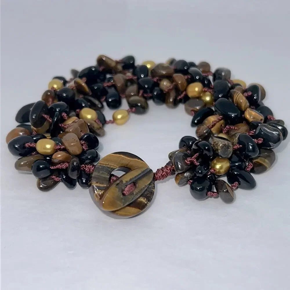 Multistrand Beaded Tiger Eye Onyx Pearl Toggle Knotted Bracelet 8”